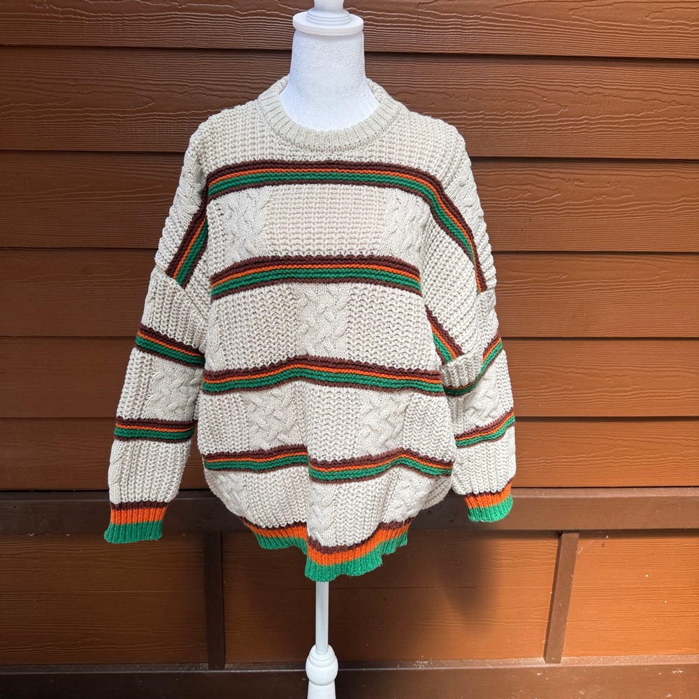 Alicedudu Cable Knit Sweater Womens L Cream Striped Oversized Chunky Pullover